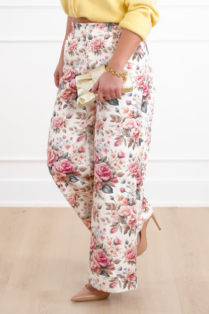 Floral Print High Waist Wide Leg Cuffed Pants
