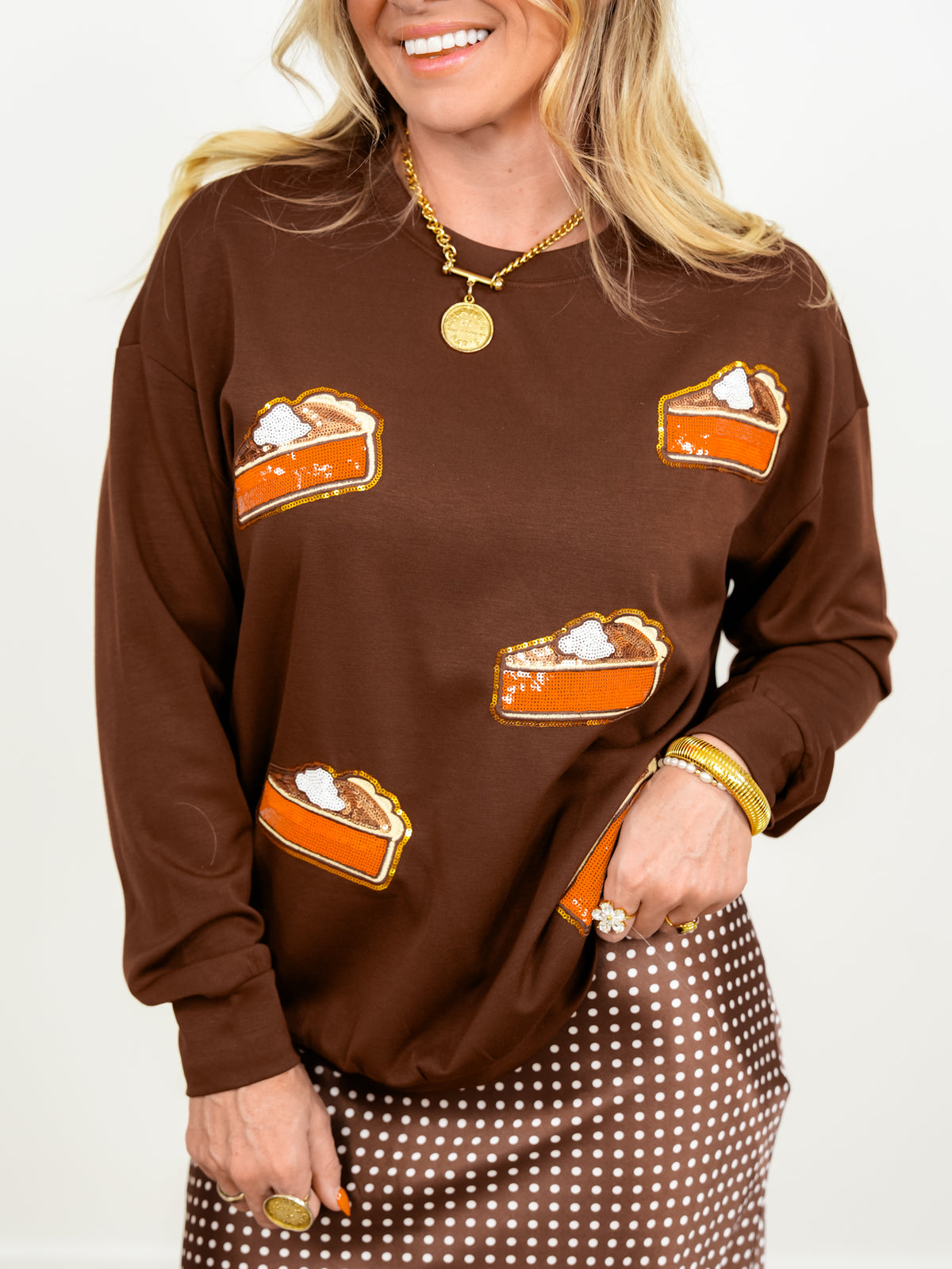 Plus/Reg Long Sleeve Sequin Pumpkin Pie Patch Pullover Sweatshirt