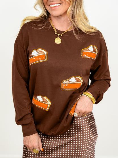 Plus/Reg Long Sleeve Sequin Pumpkin Pie Patch Pullover Sweatshirt