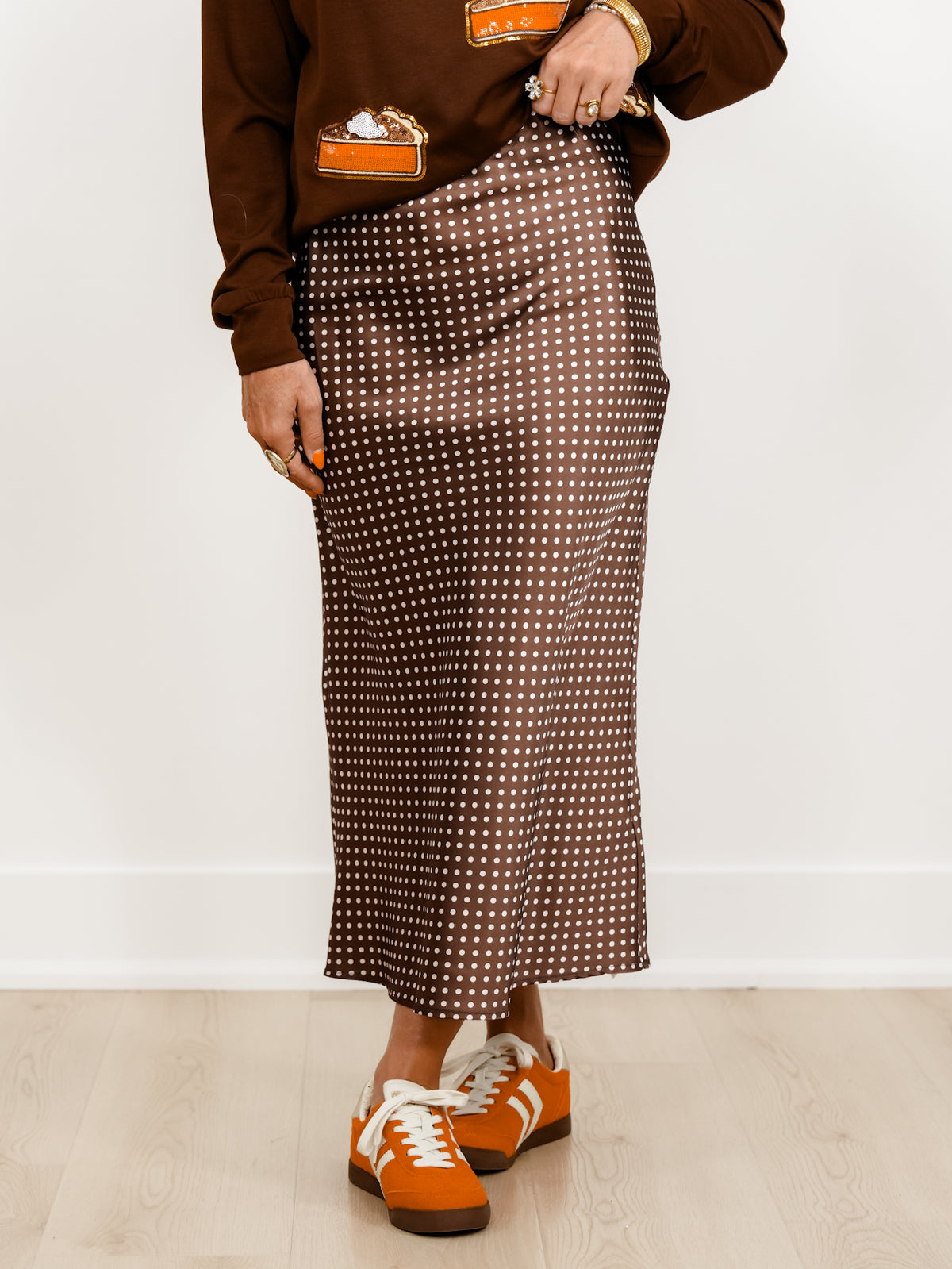 Plus/Reg Satin Polka Dot Midi Skirt with Side Zipper
