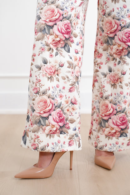 Floral Print High Waist Wide Leg Cuffed Pants