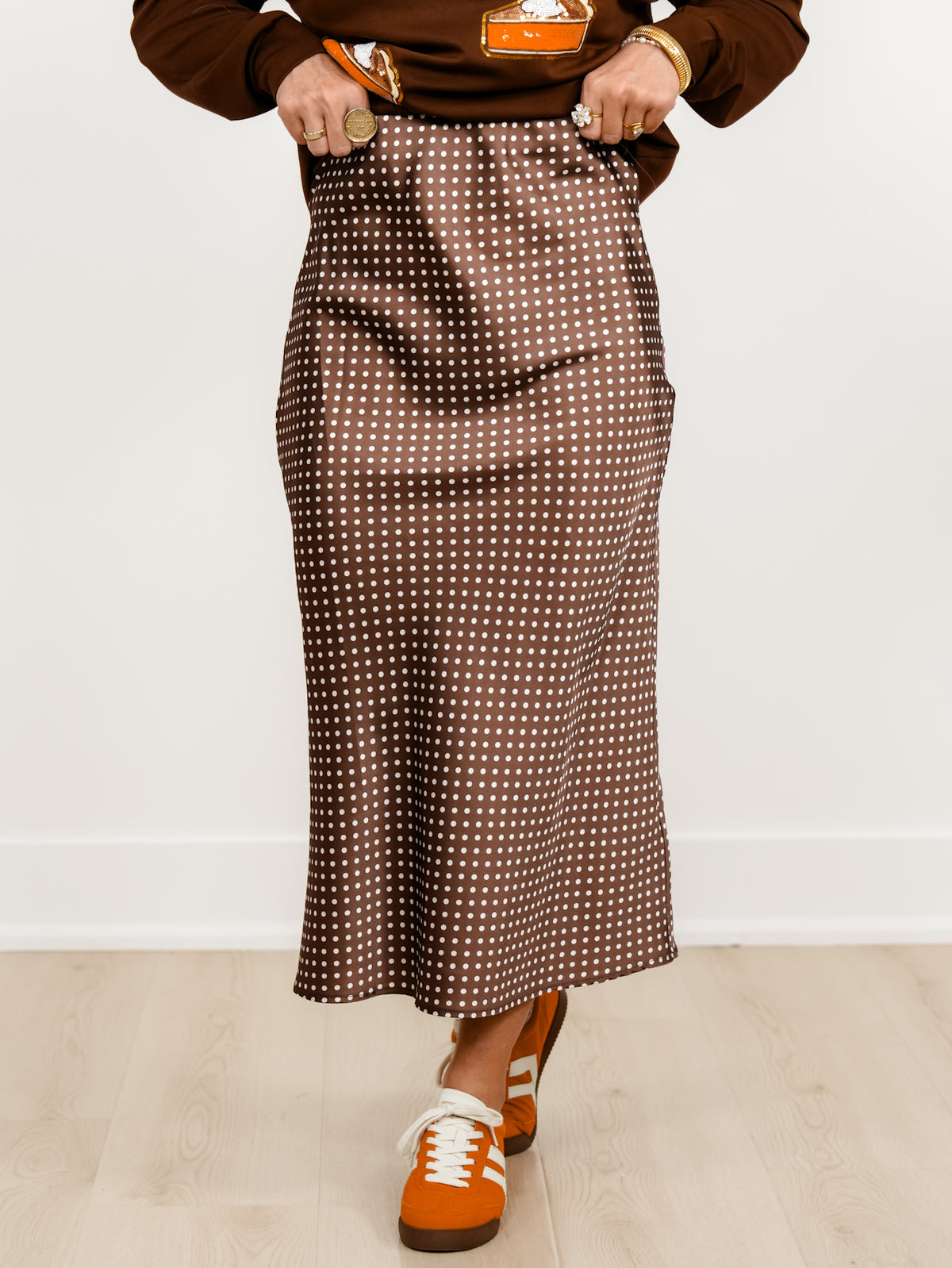 Plus/Reg Satin Polka Dot Midi Skirt with Side Zipper