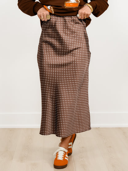 Plus/Reg Satin Polka Dot Midi Skirt with Side Zipper