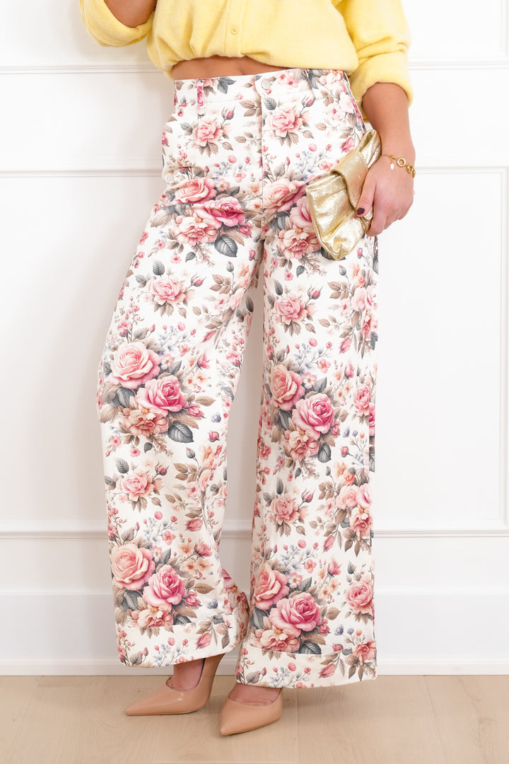 Floral Print High Waist Wide Leg Cuffed Pants