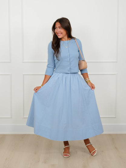 Solid Long Sleeve Button Down Cardigan And Skirt