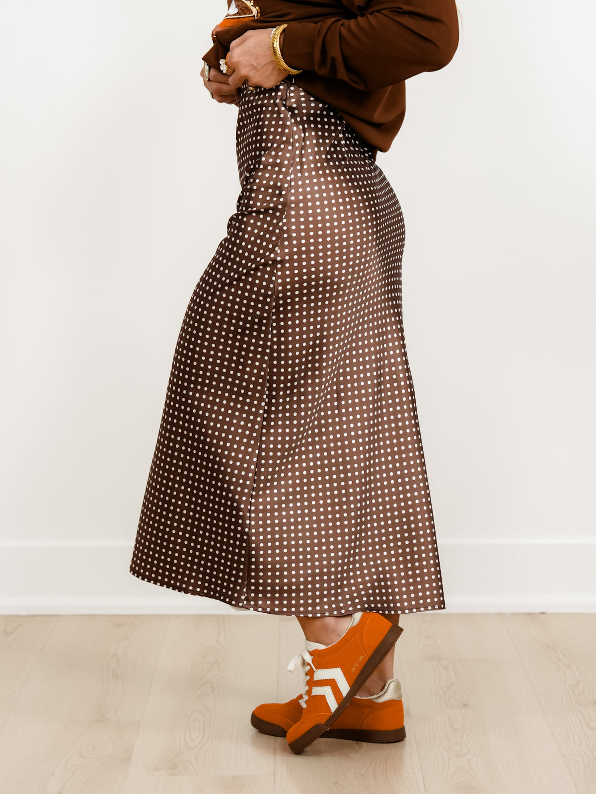 Plus/Reg Satin Polka Dot Midi Skirt with Side Zipper