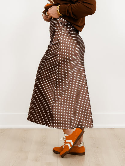 Plus/Reg Satin Polka Dot Midi Skirt with Side Zipper