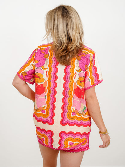 Floral Print Short Sleeve Button Down Top