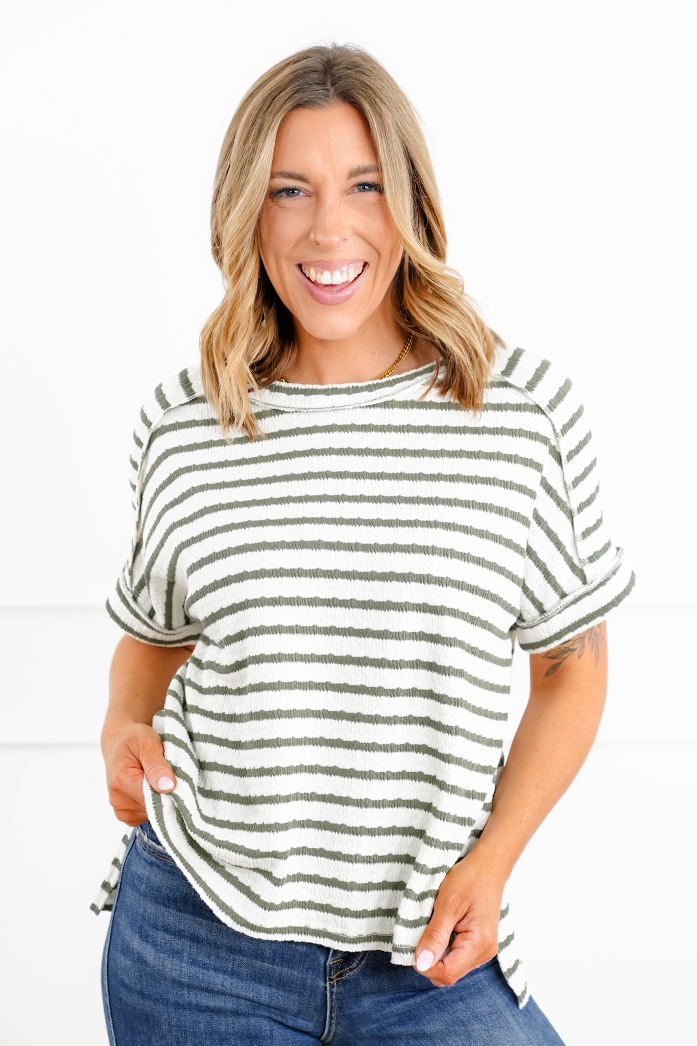 Door Buster! Plus/Reg Zenana Stripe Jacquard Round-Neck Box Tee