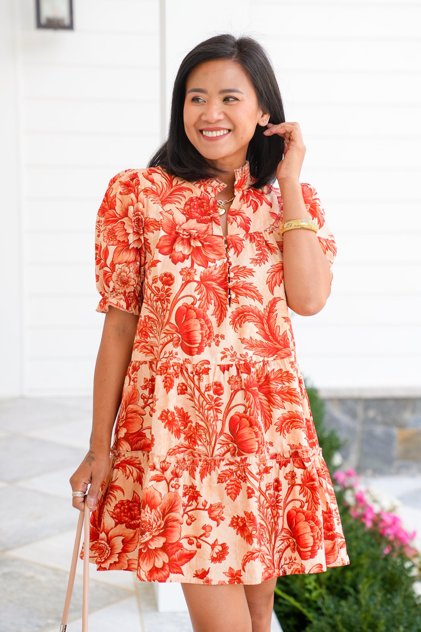 Floral Print Short Sleeve Mock Neck Mini Dress