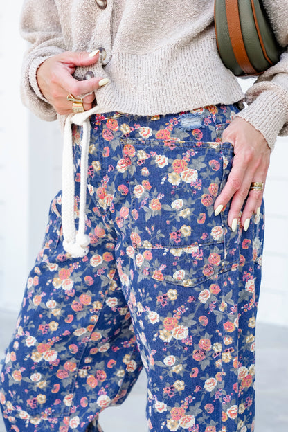 Floral Mineral Wash Pants with Braided Belt Detail