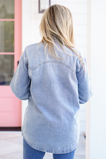 Medium Washed Long Sleeve Shacket with Horse Embroidery