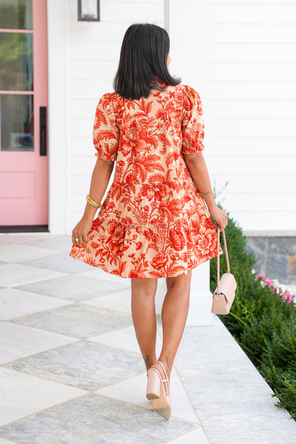 Floral Print Short Sleeve Mock Neck Mini Dress