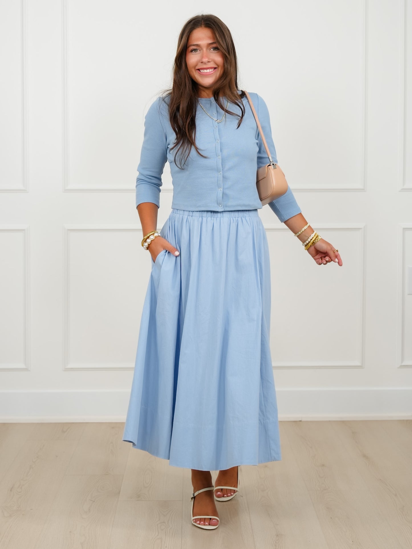 Solid Long Sleeve Button Down Cardigan And Skirt