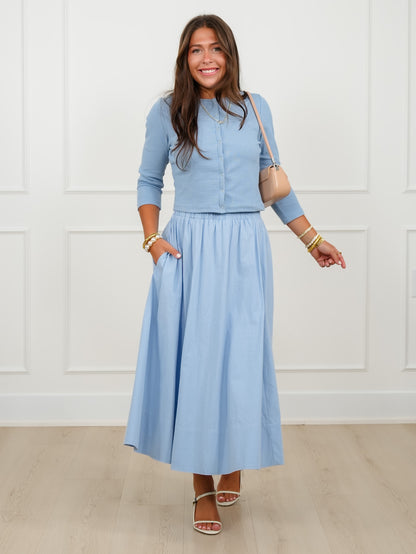 Solid Long Sleeve Button Down Cardigan And Skirt