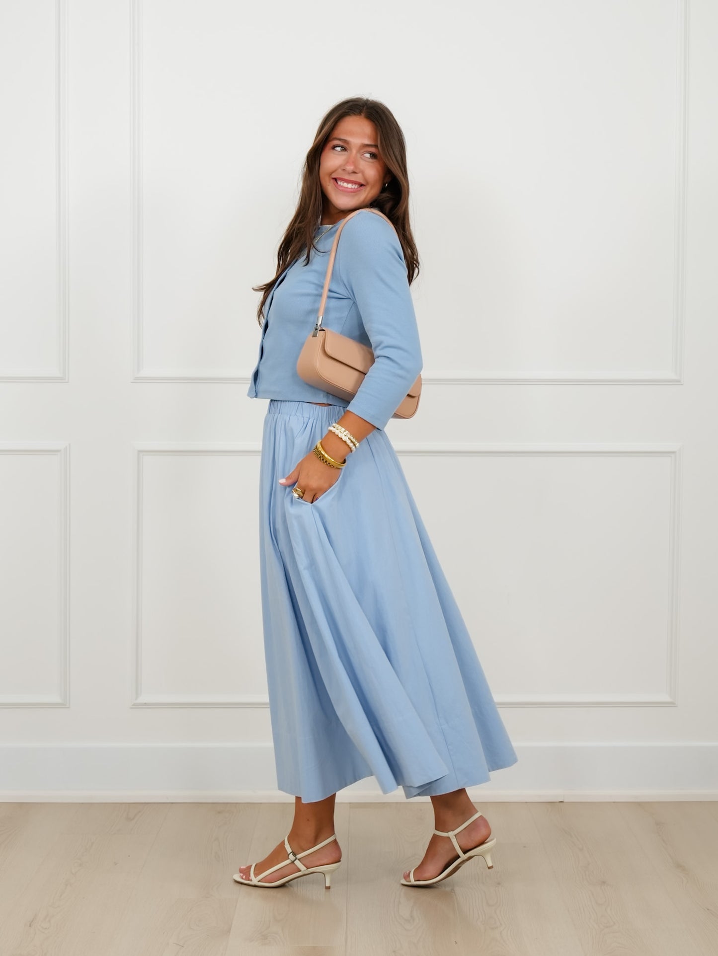 Solid Long Sleeve Button Down Cardigan And Skirt