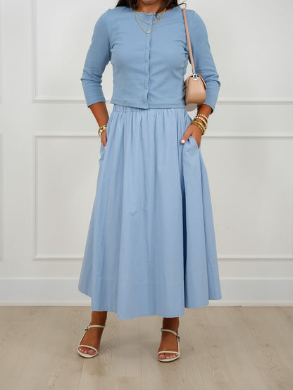 Solid Long Sleeve Button Down Cardigan And Skirt