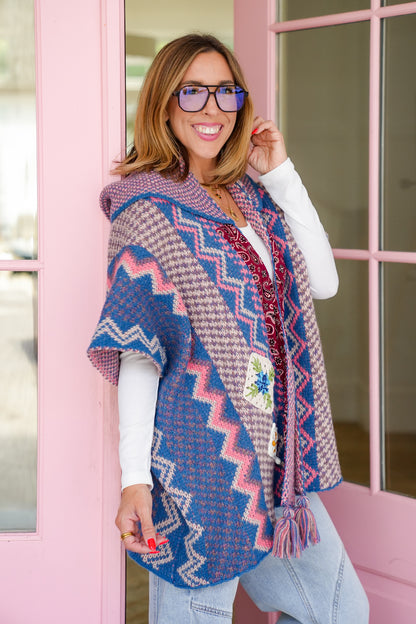 POL Crochet Hoodie Poncho with Paisley Print