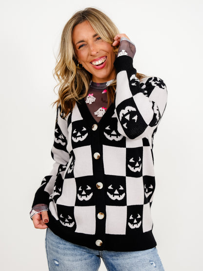 Halloween Jack-O-Lantern Checkered Button Down Sweater Cardigan