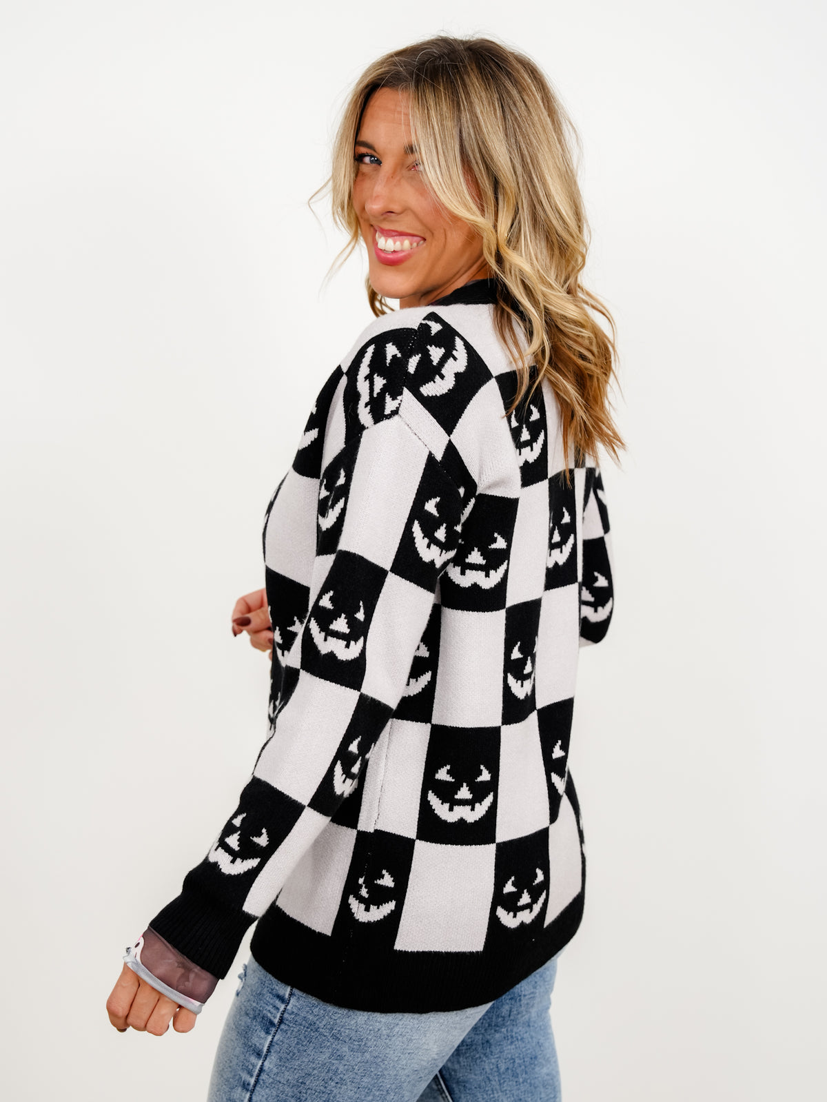 Halloween Jack-O-Lantern Checkered Button Down Sweater Cardigan
