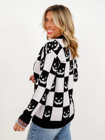 Halloween Jack-O-Lantern Checkered Button Down Sweater Cardigan