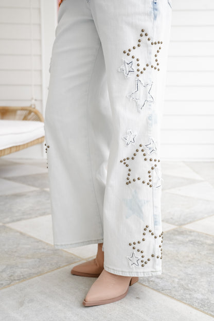 Light Denim Wide Leg Jeans with Star Patch and Stud Detail