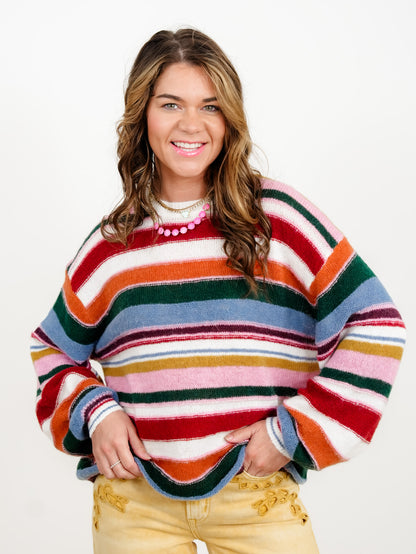 Multi Color Stripe Long Sleeve Crew Neck Sweater