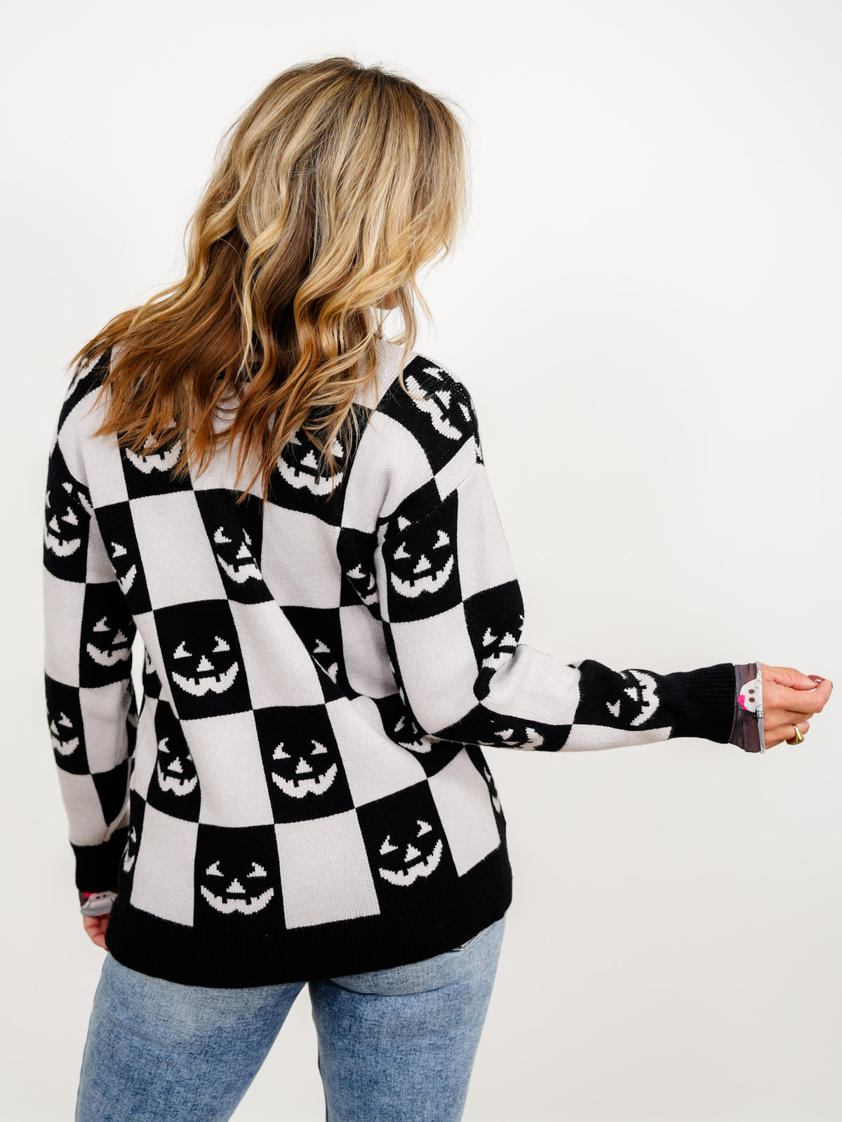 Halloween Jack-O-Lantern Checkered Button Down Sweater Cardigan