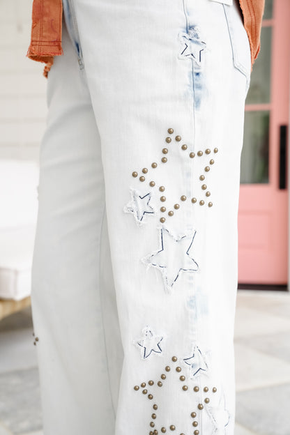 Light Denim Wide Leg Jeans with Star Patch and Stud Detail