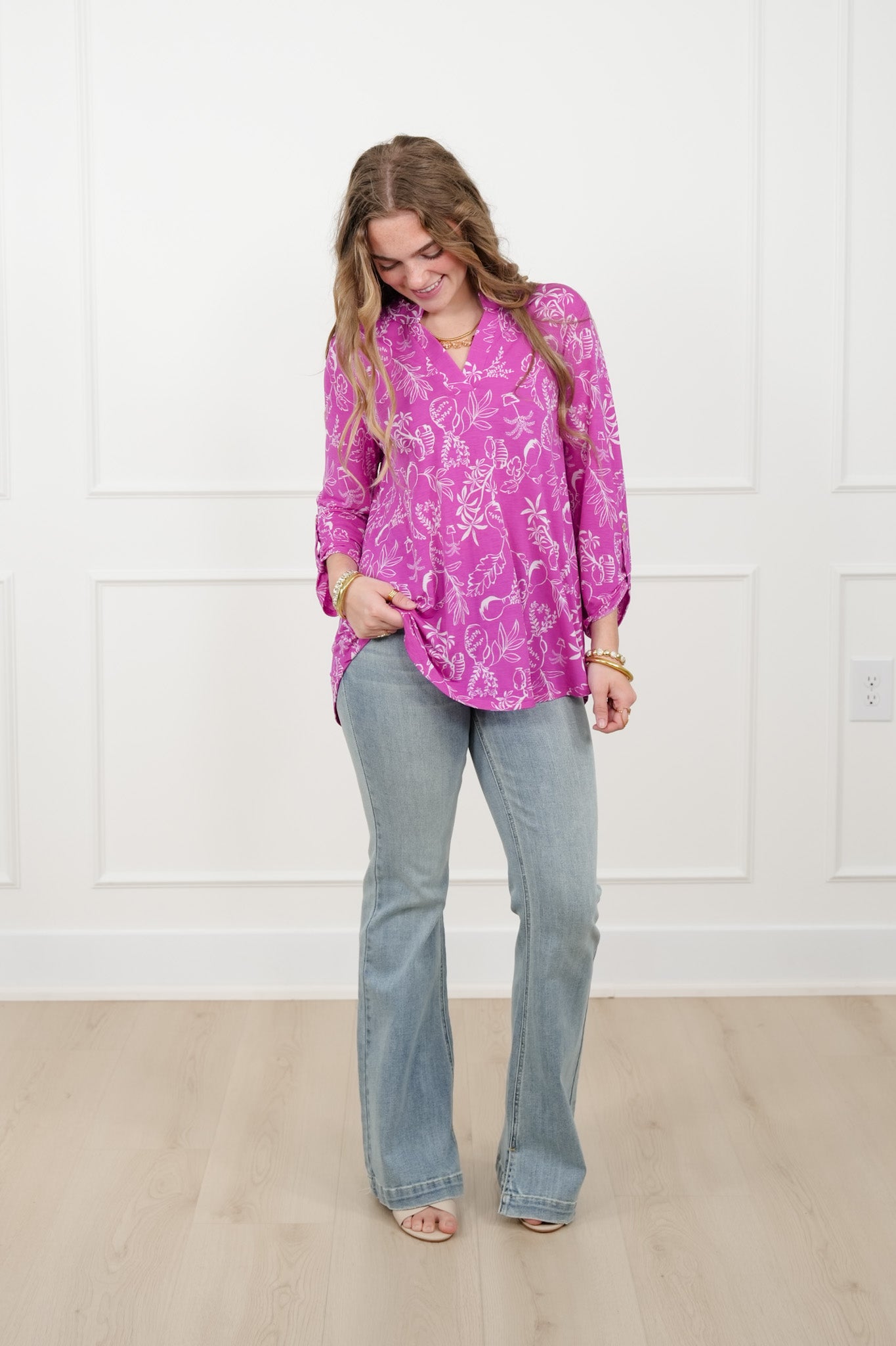 Plus/Reg Botanical print 3/4 Sleeve Tunic Top