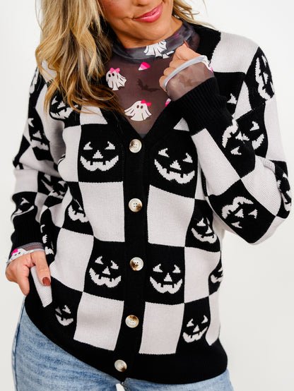 Halloween Jack-O-Lantern Checkered Button Down Sweater Cardigan