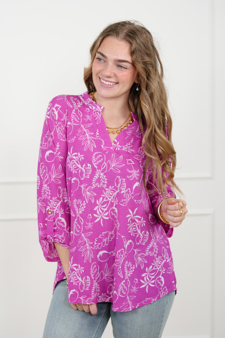 Plus/Reg Botanical print 3/4 Sleeve Tunic Top