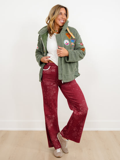 POPPY & PINE Red Bandana Print Frayed Hem Pants