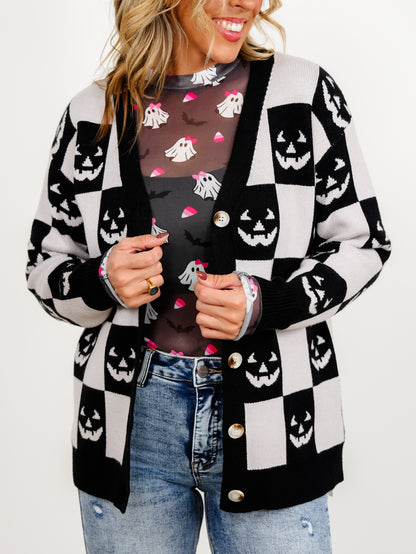 Halloween Jack-O-Lantern Checkered Button Down Sweater Cardigan