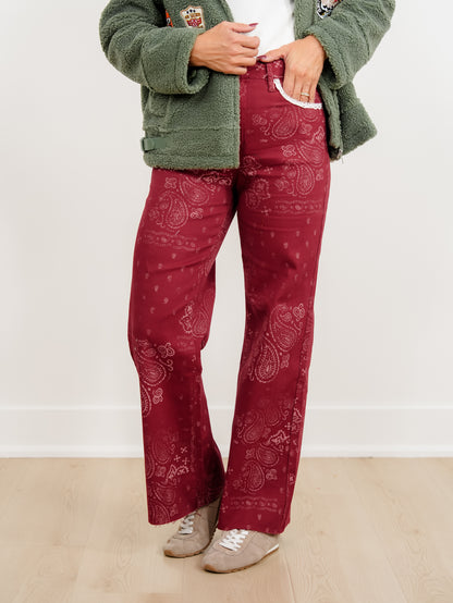 POPPY & PINE Bandana Print Frayed Hem Pants - Freckled Poppy