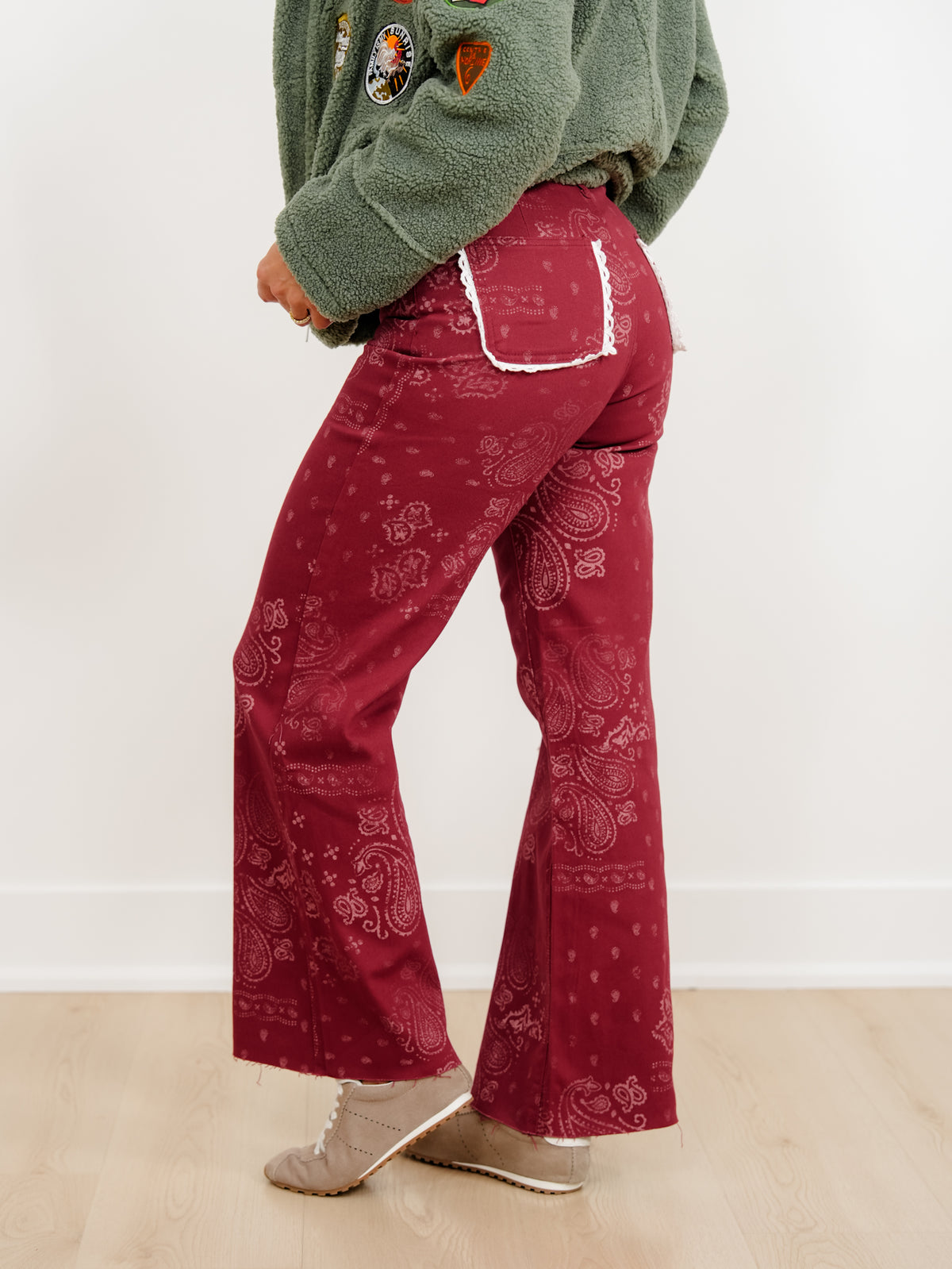 POPPY & PINE Red Bandana Print Frayed Hem Pants