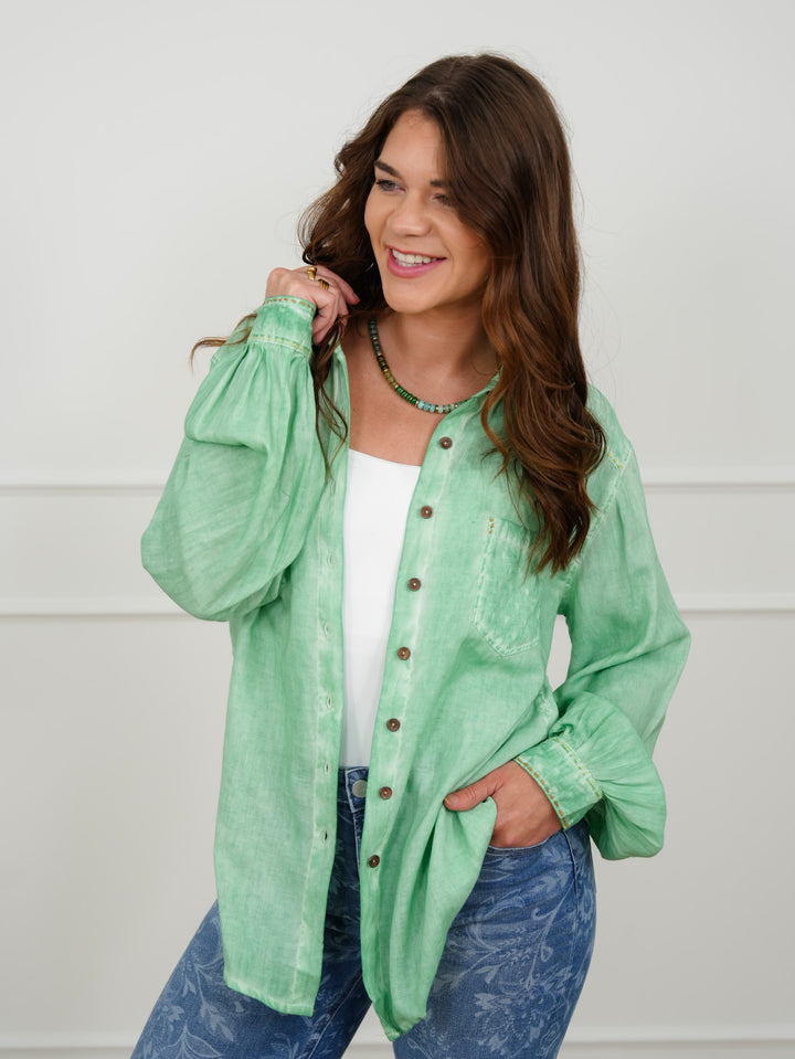 POL Mineral Wash Long Sleeve Button Up Top