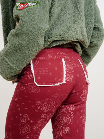 POPPY & PINE Red Bandana Print Frayed Hem Pants