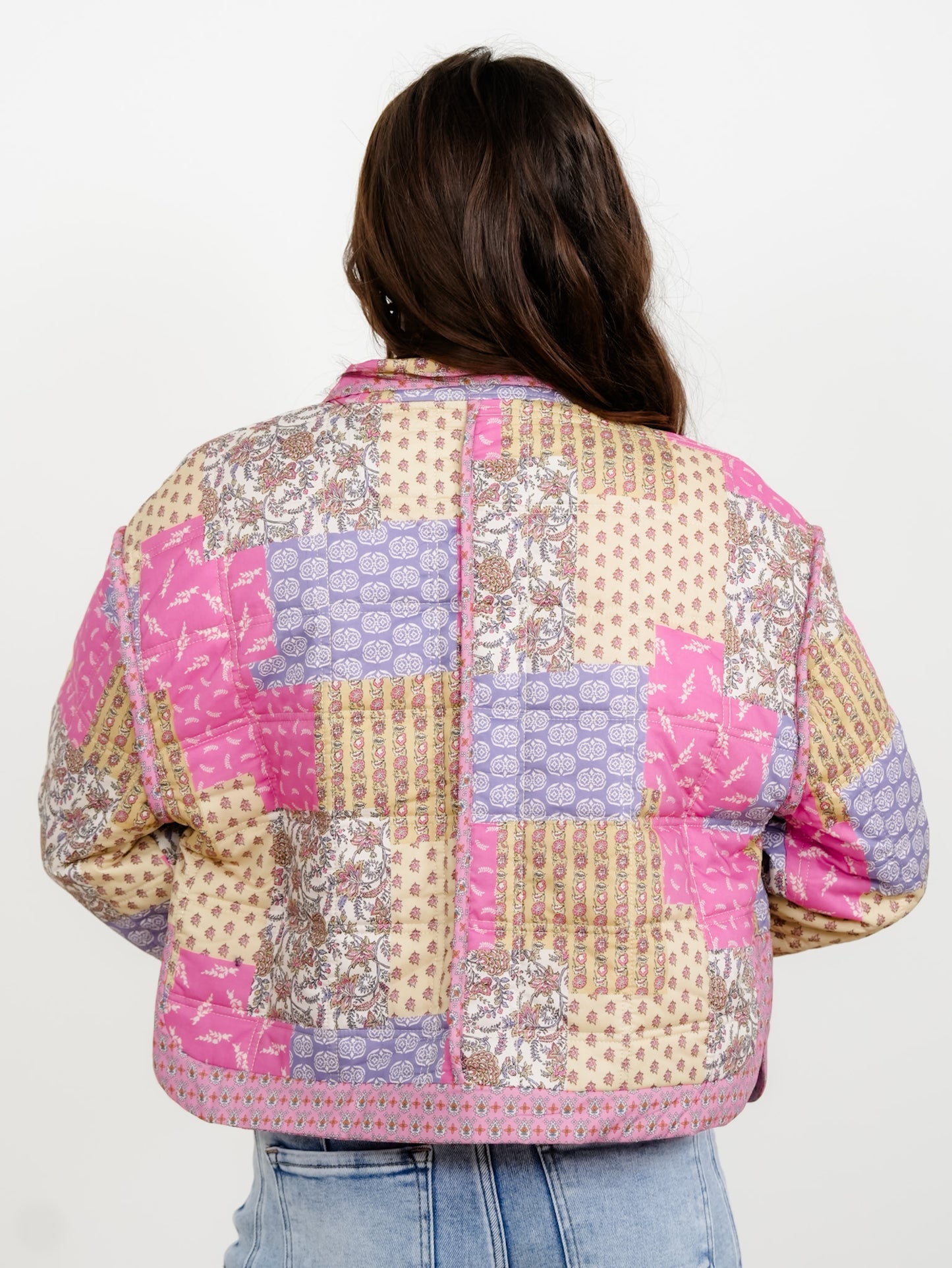 Quilted Patchwork Print Long Sleeve Button Down Jacket