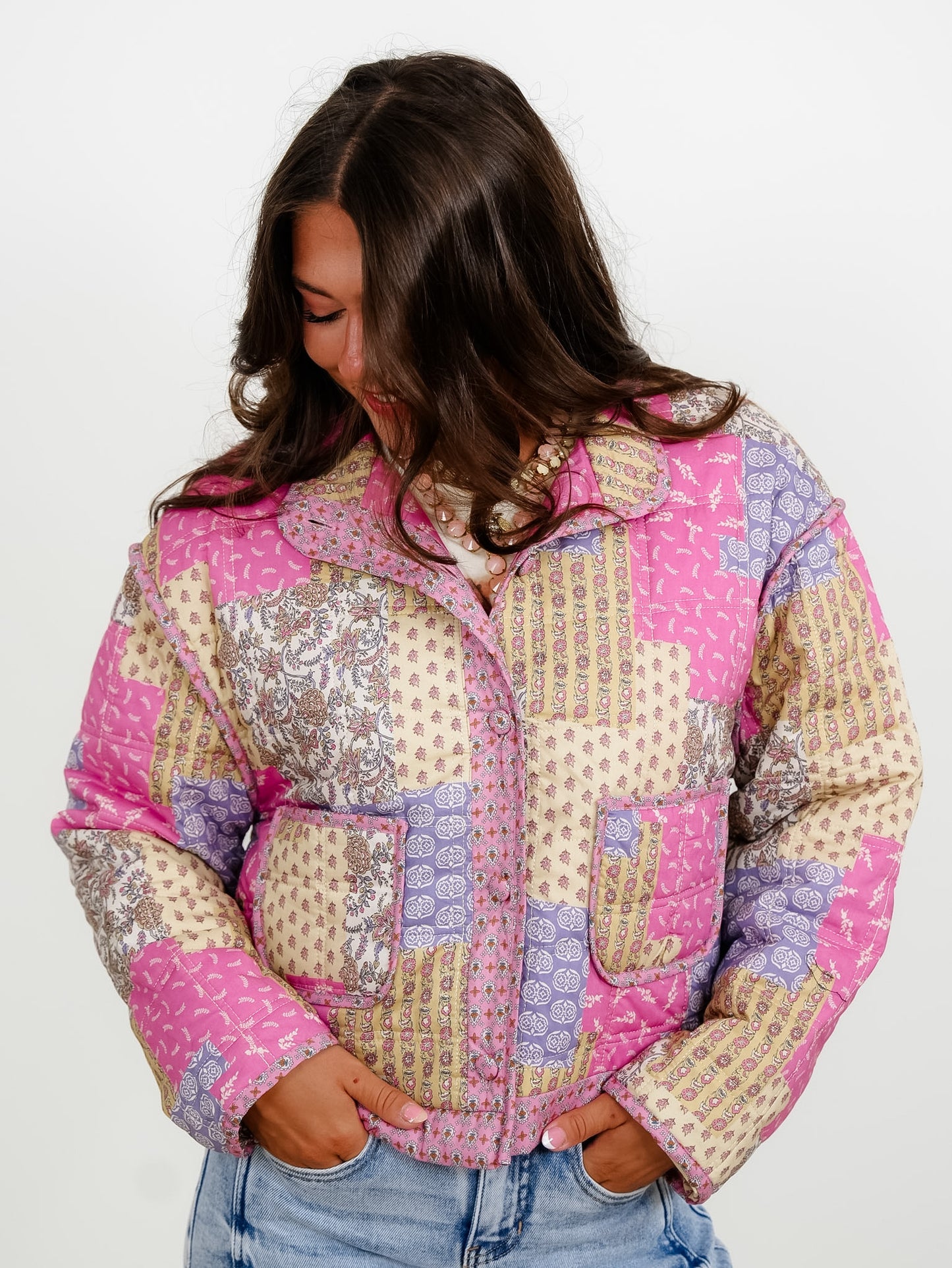 Quilted Patchwork Print Long Sleeve Button Down Jacket
