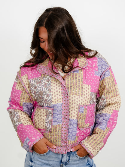 Quilted Patchwork Print Long Sleeve Button Down Jacket