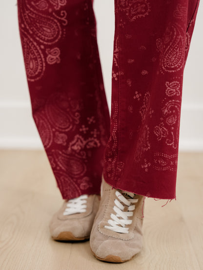 POPPY & PINE Red Bandana Print Frayed Hem Pants
