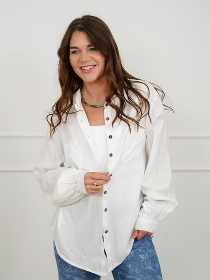 POL Mineral Wash Long Sleeve Button Up Top