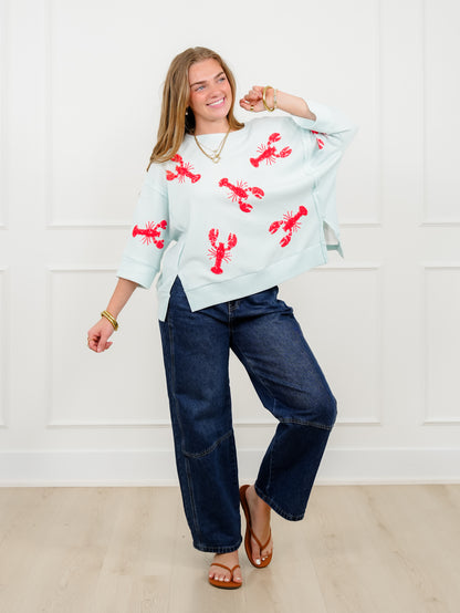 Short Sleeve Sequin Lobster Waffle Knit Top