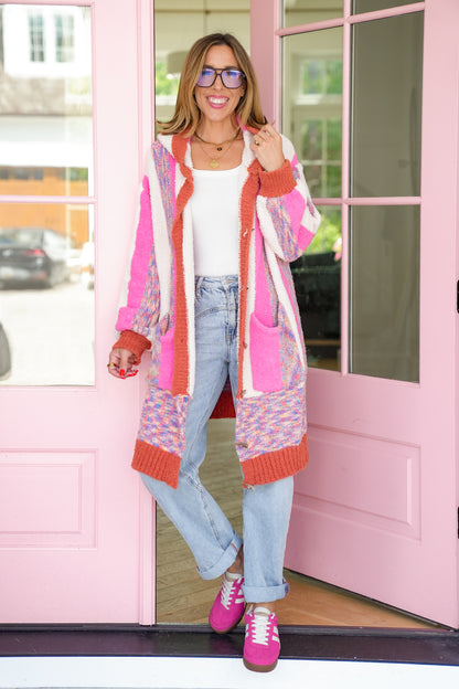 POL Stripe Long Sleeve Hoodie Cardigan with Buttons