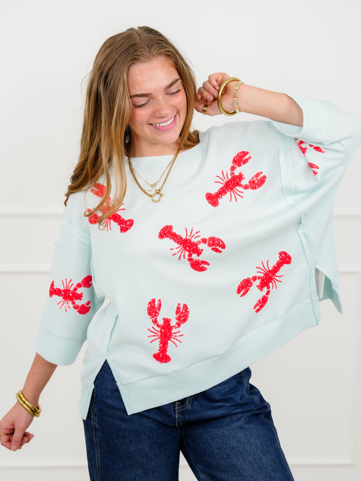 Short Sleeve Sequin Lobster Waffle Knit Top