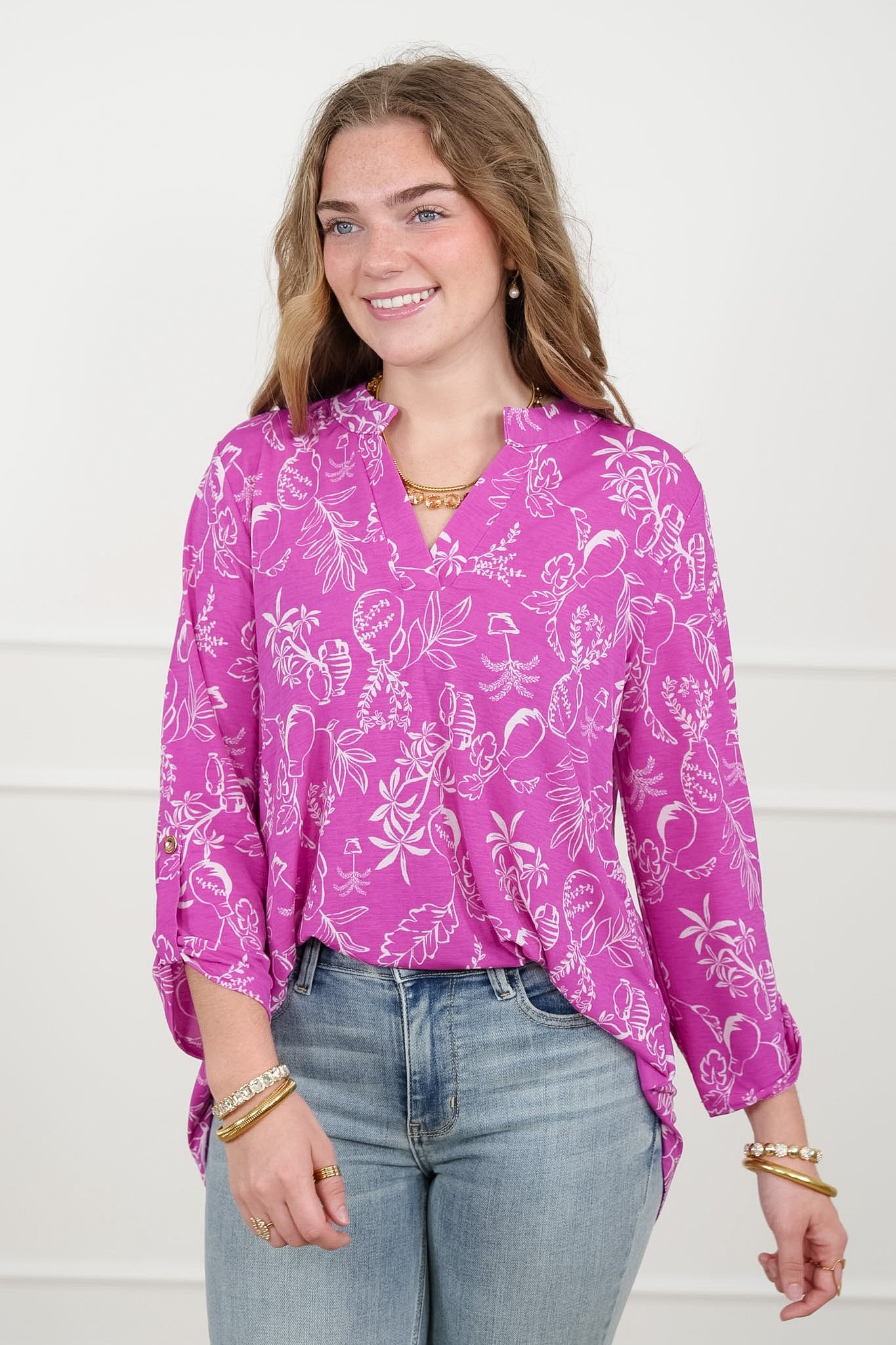 Plus/Reg Botanical print 3/4 Sleeve Tunic Top