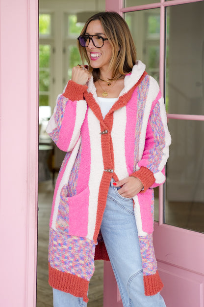 POL Stripe Long Sleeve Hoodie Cardigan with Buttons