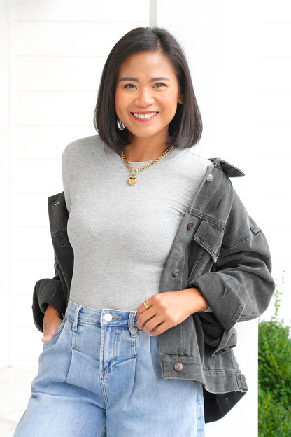 Ribbed Knit Long Sleeve Crew Neck Top
