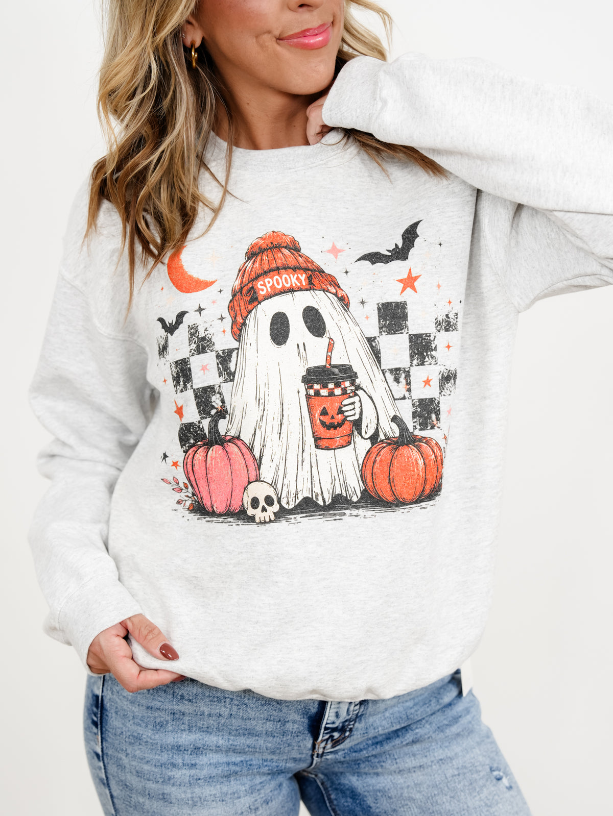 Plus/Reg Long Sleeve Bats and Coffee Ghost Halloween Graphic Sweatshirt - Freckled Poppy